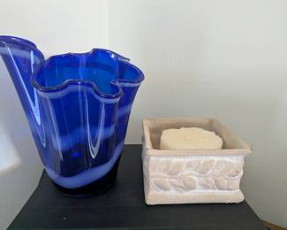 Cool blue vase and candles.