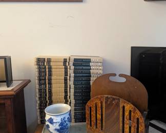 Frank Lloyd Wright style magazine rack, books, vases