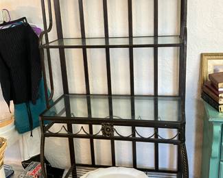 bakers rack, glass shelves