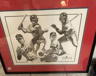 $250.00. Framed, limited edition, numbered art print featuring All-star Braves players, 1992. It has a red and black matting. Signed by artist.