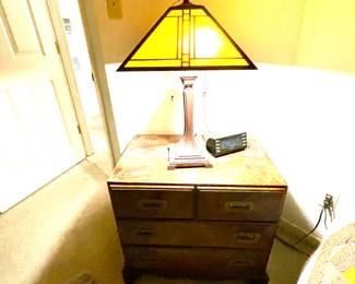 $400 for both pieces. 4–drawer burl finish campaign chest with matching 3-drawer side chest. 39”W, 20”D, 29.5”T