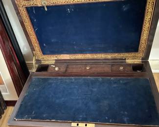 $250.00. Antique large campaigne-style lap desk, with storage and lap extension