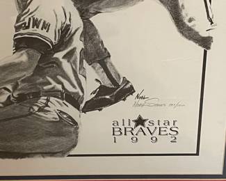 $250.00. Framed, limited edition, numbered art print featuring All-star Braves players, 1992. It has a red and black matting. Signed by artist.