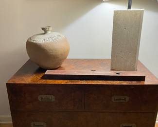 $400 for both pieces. 4–drawer burl finish campaign chest with matching 3-drawer side chest. 39”W, 20”D, 29.5”T