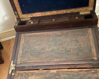 $250.00. Antique large campaigne-style lap desk, with storage and lap extension