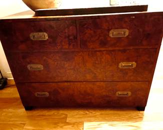 $400 for both pieces. 4–drawer burl finish campaign chest with matching 3-drawer side chest. 39”W, 20”D, 29.5”T