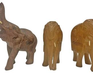 3 HandCarved Wooden Elephant Figurines