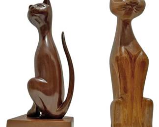 2 HandCarved Wooden Cat Sculpture