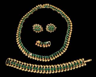 Signed Trifari Emerald Rhinestone Set