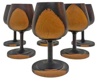 6 Wooden Carved Wine Glasses.