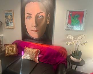 PICTURED IS BLACK LEATHER HIDE-A-BED COUCH WITH SOME WEAR ASKING $100.00 OBO. ORIGINAL LARGE CANVAS IS APPROX. 7' X 5' AND @ MORE THAN 50% OFF IT'S ONLY $500.00. FRAMED ART ON RIGHT SIDE IS NOT AVAILABLE.