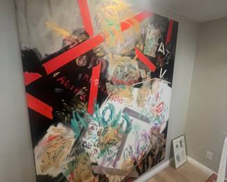 A LARGE ABSTRACT CANVAS APPROX. 7' X 5'.