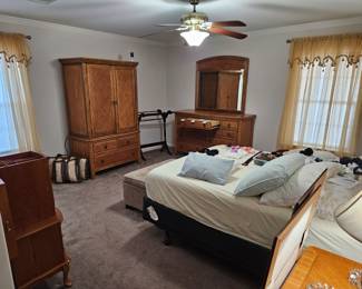 LIKE NEW American Drew Matching Bedroom Set - (931-271 American Drew Furniture Antigua Armoire) - 
TV Armour, Dresser with mirror, Queen Headboard, Night Stand