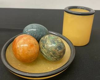 Genuine Alabaster Tumbler With Matching Plate Three Decorative Marble Eggs