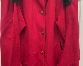 Dennis Basso Womens Red Wool Winter Christmas Coat With Red Leather Gloves