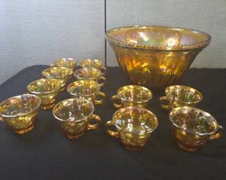 Vintage Indiana Glass Harvest Grape Iridescent Amber Punch Bowl Set