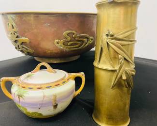 Nippon Handpainted Sugar Bowl With Lid Japanese Inspired Vintage Brass Decor