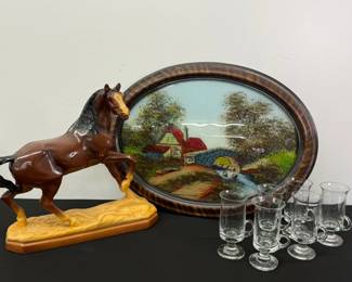 Enjoy The Countryside Horse Statue, Vintage Reverse Scot Highlands Painting And 6 Irish Coffee Mugs