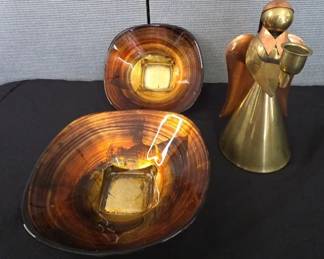 Vintage Italian Amber Glass Gold Leaf Exterior, Brass And Copper Angel