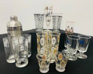Vintage MCM Gold Portrait Lady Cocktail Glasses Plus Other Cocktail Glassware
