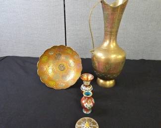 Vintage Indian Brass Pitcher, Vintage Brass Enamel Decrotive Flowers And Like Decor