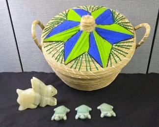 Handwoven Pineneedle Basket With Lid, Hand Carved Onyx Celedon