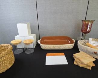 Hand Painted Terra Cotta Casserole Dish, Gold Macabas Quartzite Coasters, Super Sourdough Utensils