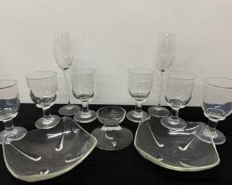 Manganese Candle Holder Glows W Vintage Anchor Hocking Swedish Modern Bowls, 6 Blown Glass Goblet