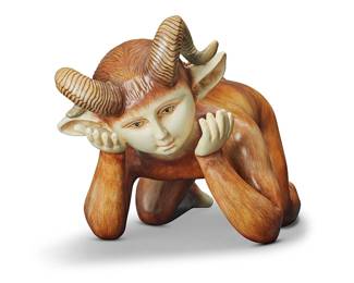 153
Sergio Bustamante
(b. 1949, Mexican)
Ram Boy
Painted ceramic
Signed: Sergio Bustamante
14.75" H x 28.25" W x 14.25" D
Estimate: $1,000 - $2,000