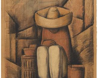 61
Alfredo Ramos Martínez
(1871-1946, Mexican)
Untitled, 1933
Pastel, gouache, and charcoal on a "Los Angeles Times" newspaper
Signed lower left: Ramos Martínez
Image: 20" H x 15.75" W (approx.); Sheet (as folded): 22.75" H x 17" W
Estimate: $10,000 - $15,000