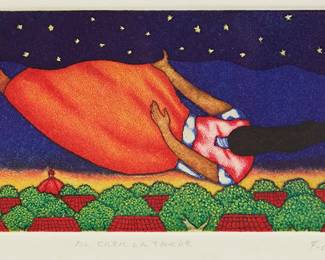 169
Fernando Olivera
(b. 1962, Mexican)
"Al Caer la Tarde," 2004
Etching in colors on wove paper
A trial proof aside from the edition of unknown size
Signed, titled, dated, and inscribed in pencil in the lower margin: F. Olivera 04 / "P/T"; with an unidentified blindstamp and watermark in the lower right margin corner
Plate: 3.875" H x 7.75" W; Sheet: 10.25" H x 12.625" W
Estimate: $200 - $300