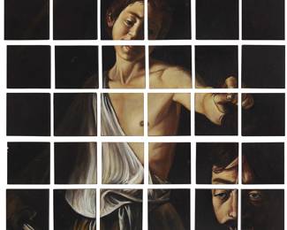 67
Javier Carpintero
(b. 1967, Spanish)
"Decapitacion III," 1998
Oil on 42 pieces of wood
Signed and dated in ink on the verso of the piece in the lower right corner: J. Carpintero / '98; titled by repute; the verso of each piece sequentially numbered "1" to "42" in ink for assembly purposes
42 Pieces, each 3.125" H x 3.125" W; Assembled: 22" H x 19" W
Estimate: $3,000 - $5,000