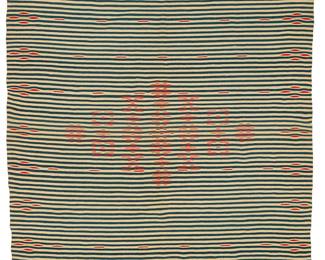 4
A Regional style Mexican Saltillo sarape textile
Early 20th century; Tlaxcala or Puebla
Finely woven with wool weft on cotton warp in a single width featuring a striped banded blue and white field with red accents to center and to end, with wide bands of interlocking circles
77.5" H x 45" W
Estimate: $2,000 - $3,000
