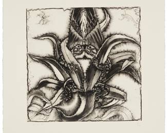 51
Francisco Toledo
(1940-2019, Mexican)
"The Fountain of Life," 2001
Drypoint and roulette on white wove paper
Edition: 13/20
Signed and numbered in pencil in the lower margin: Toledo; an unidentified blindstamp in the lower right margin corner
Plate: 14.75" H x 14.75" W; Sheet: 21" H x 21" W
Estimate: $1,500 - $2,000