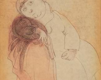 31
José Luis Cuevas
(1934-2017, Mexican)
"Three Mad Women," 1965
Ink and watercolor on paper
Signed and inscribed partially in Spanish, in pencil, and dated in red ink, all along the upper edge: José Luis Cuevas / 9-XII-65 "Hollywood"; signed again in pencil, lower right; titled on two gallery labels affixed to the frame's backing board
Sight: 8.25" H x 6" W
Estimate: $400 - $600