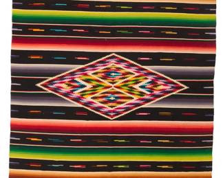 12
A Regional style Mexican Saltillo sarape textile
Late 19th/early 20th century, c. 1890-1920; possibly Aguascalientes
Woven with wool weft on cotton warp in a single width, with variegated multicolored yarns on a black field, with a concentric-style aggregate diamond center, and a meandering rose design in the primary border and alternating rainbow striped banding, with knotted fringing to each end
81" H x 38" W; fringe: 8" approximately
Estimate: $500 - $700