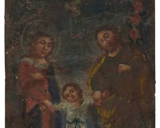 72
19th Century Mexican School
A Mexican retablo of the Holy Family
Oil on tin
Appears unsigned
10" H x 7" W
Estimate: $300 - $500