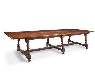 83
A Spanish Colonial Revival oak refectory table
19th century with later elements
The top with later joining elements supported on turned legs and stretchers joined by a central beam
30" H x 132.75" W x 48.25" D
Estimate: $1,200 - $1,800