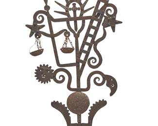 246
A Mexican wrought iron 'Cruce de Casa' ornamental cross
Late 20th/early 21st century
In the manner of Guadalupe Hermosillo Escobar (b. 1961), decorated with celestial and farmhouse figural elements
31.5" H x 17.25" W x 3.75" D
Estimate: $200 - $300