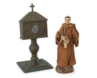 80
Two Mexican religious items
Early 20th century
Comprising a metal reliquary and a painted carved wood Franciscan friar figure with the Infant Jesus
2 pieces
Reliquary: 10.375" H x 5" W x 5" D; Friar: 8.625" H x 3.625" Dia.
Estimate: $150 - $250