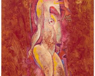 127
Byron Galvez
(1941-2009, Mexican)
Abstract figural
Mixed media on dark red paper
Signed lower right: Byron
Image/Sheet: 23.5" H x 17.625" W
Estimate: $500 - $700