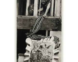 21
Florence Meyer Homolka
(1911-1962, American)
"Emmy Lou Packard and Her Small Dog, Hollywood," 1941
Gelatin silver print on paper
Unsigned; titled, dated, and inscribed in ink by Emmy Lou Packard: "The painting was one of her oils, photo by Mrs. Oscar Homolka" / "Neclas [sic] made by Frida Kahlo"
Image: 13.375" H x 6.375" W; Sight: 14" H x 10.75" W
Estimate: $300 - $500