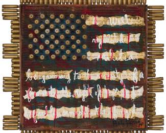 223
Mati Russo
(Active 21st century, American)
"Injustice of Justice," 2013
Acrylic and mixed media collage including bullets on panel in artist's frame
Signed and dated lower right: Mati Russo / 13'; titled verso
Overall: 17" H x 17" W x 4" D (approx.)
Estimate: $300 - $500