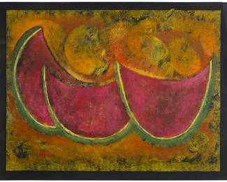 121
Byron Galvez
(1941-2009, Mexican)
Watermelons
Mixed media on black paper
Signed lower left: Byron
Image: 17.75" H x 23.75" W; Sheet: 19.625" H x 25.5" W
Estimate: $500 - $700