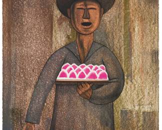 164
Gustavo Montoya
(1905-2003, Mexican)
"Merenguero," 1984
Lithograph in colors on BFK Rives paper
Edition: 40/100
Signed, dated '84,' and numbered in pencil in the lower right quadrant: Gustavo Montoya; with the black ink stamp, 'GM249-100,' on the verso of the lower left sheet corner; Kyron, Mexico City, Mexico, prntr. /pub., with their blindstamp in the lower right sheet corner
Image/Sheet: 30" H x 22" W
Estimate: $400 - $600