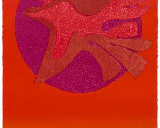 115
Pedro Coronel
(1922-1985, Mexican)
Abstract dove
Lithograph in colors on wove paper
Edition: 85/100
Signed and numbered in pencil and colored pencil along the lower edge: Pedro Coronel
Image/Sheet: 30" H x 22" W
Estimate: $700 - $900