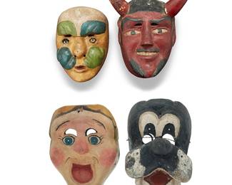 82
Four Guatemalan Folk Art polychrome carved wood masks
Mid-20th century
Two mounted on custom enameled metal stands
4 pieces
Largest: 13.25" H x 12.25" W x 4.25" D; Smallest: 8.625" H x 6.125" W x 3.5" D
Estimate: $400 - $600