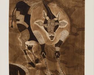 52
Francisco Toledo
(1940-2019, Mexican)
"Spanish Cow," 1970
Etching, drypoint, and aquatint in colors on wove paper, watermark BFK Rives
An artist's proof, aside from the edition of 25
Signed and inscribed in pencil in the lower margin: Toledo / "P.A."
Plate: 19.5" H x 11.75" W; Sheet: 29.75" H x 21.75" W
Estimate: $2,000 - $3,000