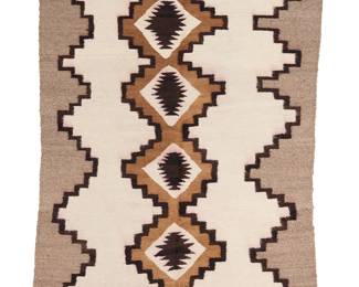 243
A Mexican weaving
Mid/late 20th century
Woven in grey, white, black, and brown wool with a central column of stacked stepped diamonds with black banding to each end
55.5" H x 45" W
Estimate: $400 - $600