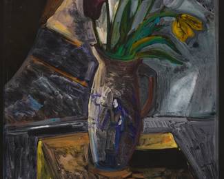 16
Carlos Almaraz
(1941-1989, Mexican-American)
"Still Life with Tulips," 1989
Monotype in colors on black paper
Signed and dated in white pencil in the lower margin: Almaraz 1989; with an unidentified handprint blindstamp in the center of the lower margin; titled on two typed labels affixed to the frame's backing board
Image: 31.75" H x 23.75" W; Sheet: 44.5" H x 30" W
Estimate: $2,000 - $3,000